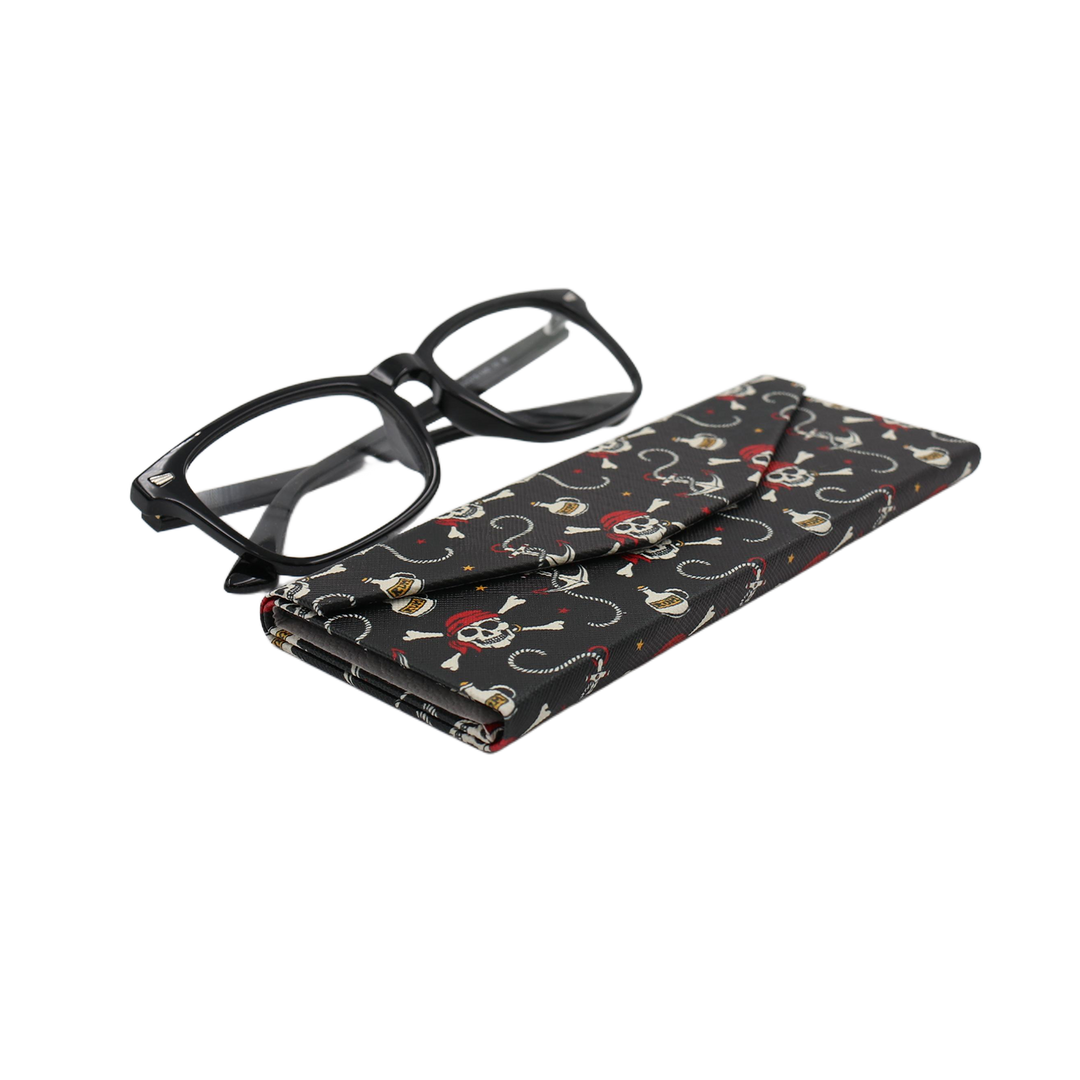 Pirate Skully / Jolly Roger Print Glasses Case - Vegan Leather Magic Folding Hard Case