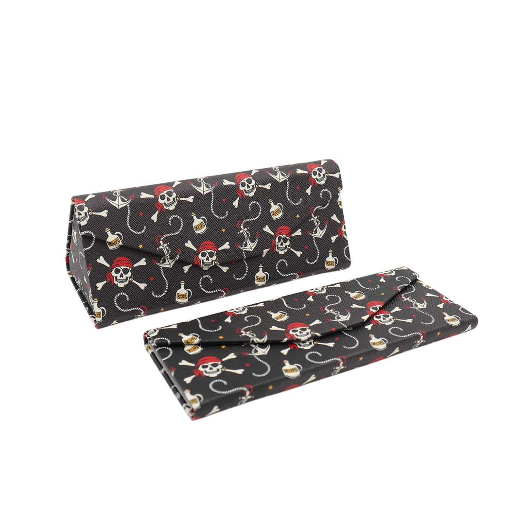 Pirate Skully / Jolly Roger Print Glasses Case - Vegan Leather Magic Folding Hard Case