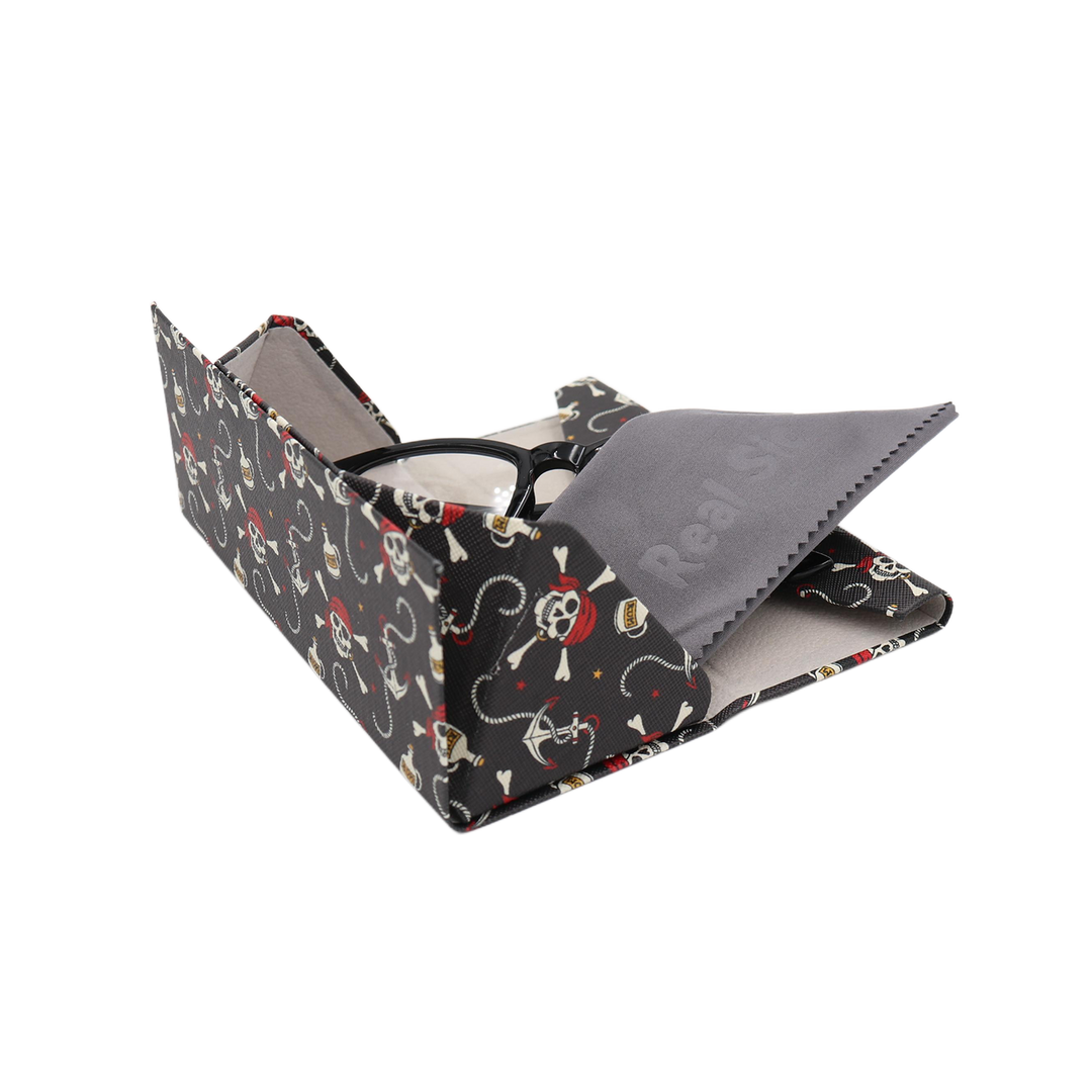 Pirate Skully / Jolly Roger Print Glasses Case - Vegan Leather Magic Folding Hard Case