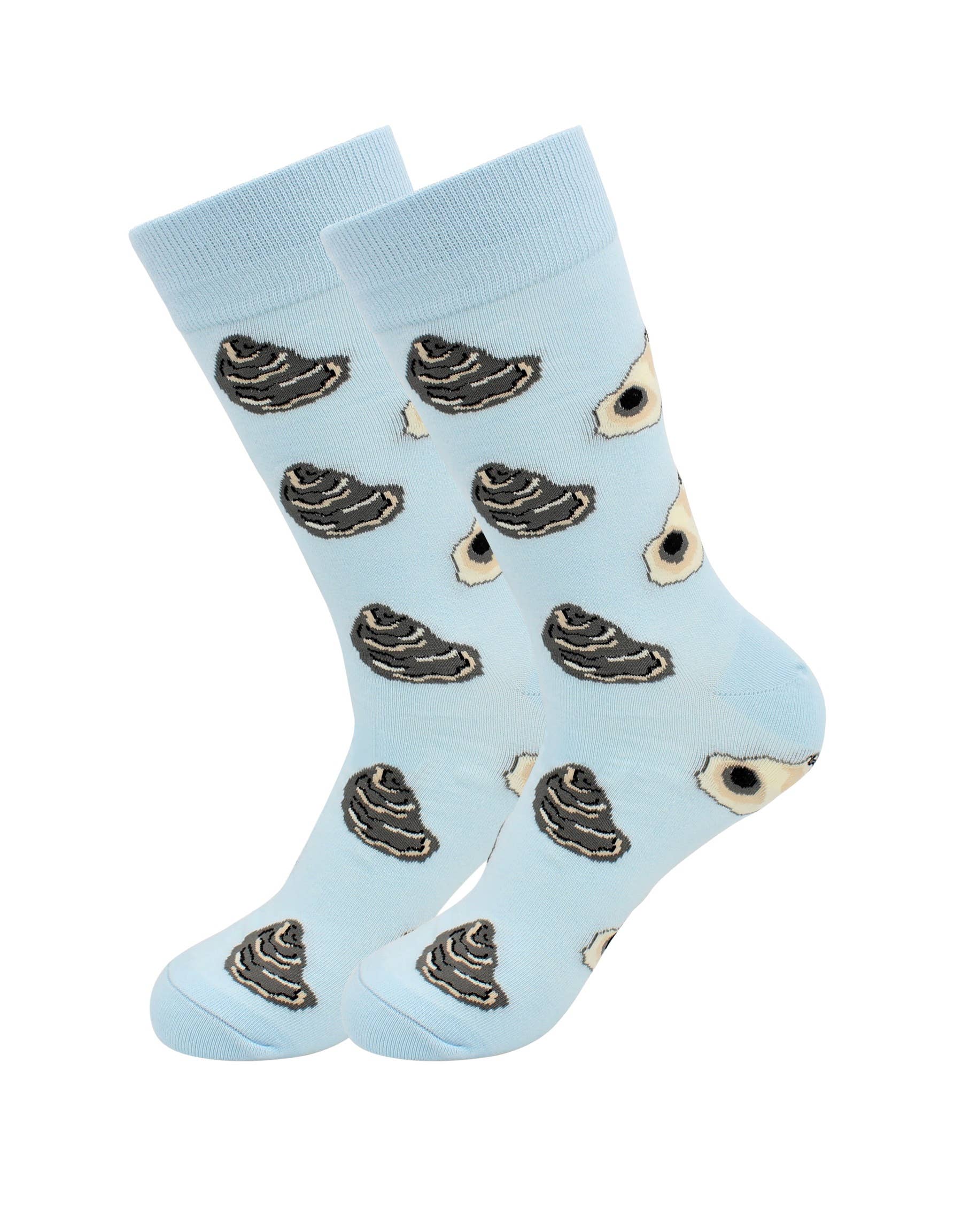Light blue oyster crew socks with repeating oyster shell patterns on crew-length pair.