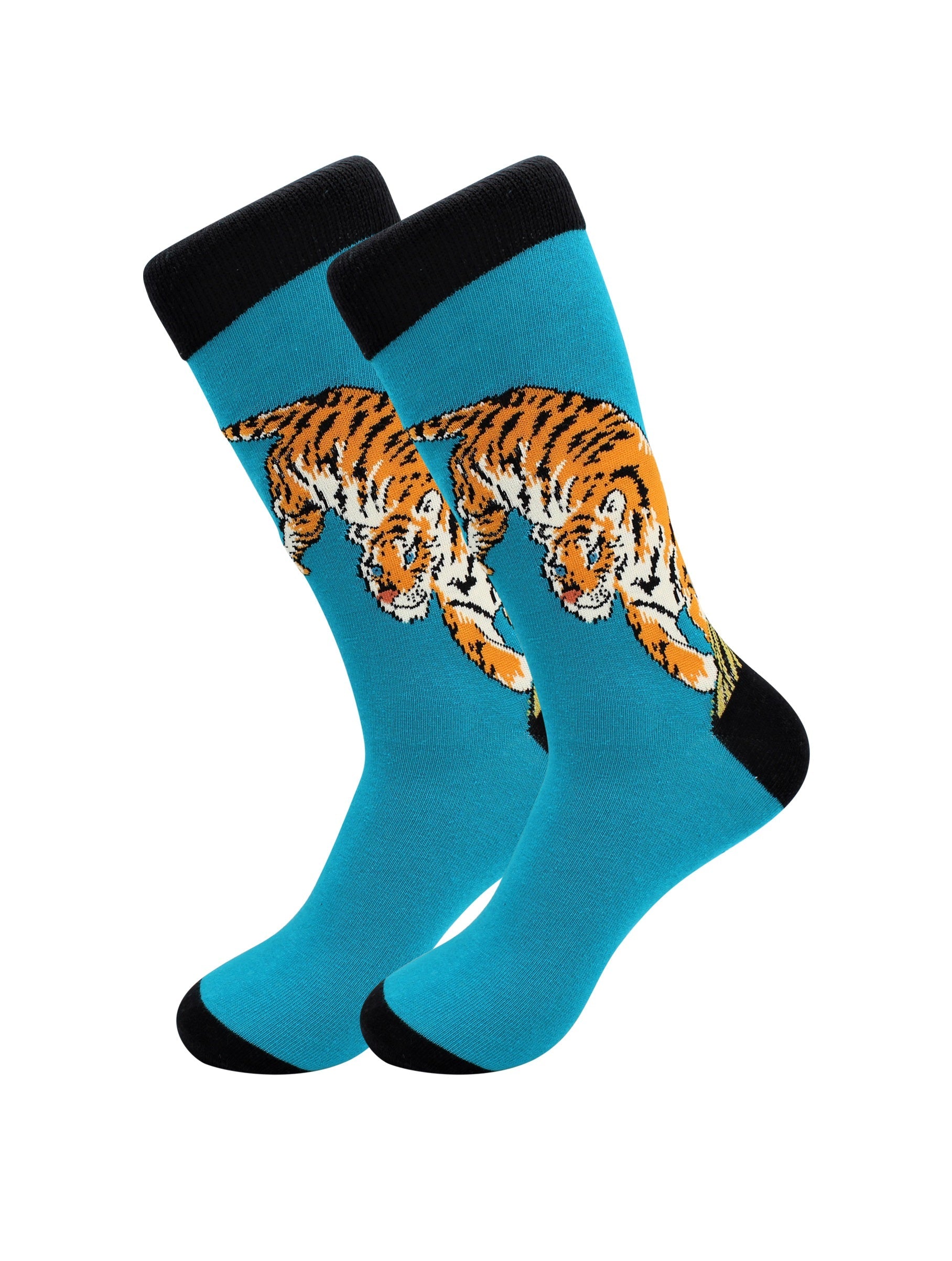 Tiger print crew socks in teal with orange graphics - Sick Socks by Real Sic