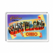 Retro Cleveland Ohio Acrylic Souvenir Magnet – Ribbon Postcard Design