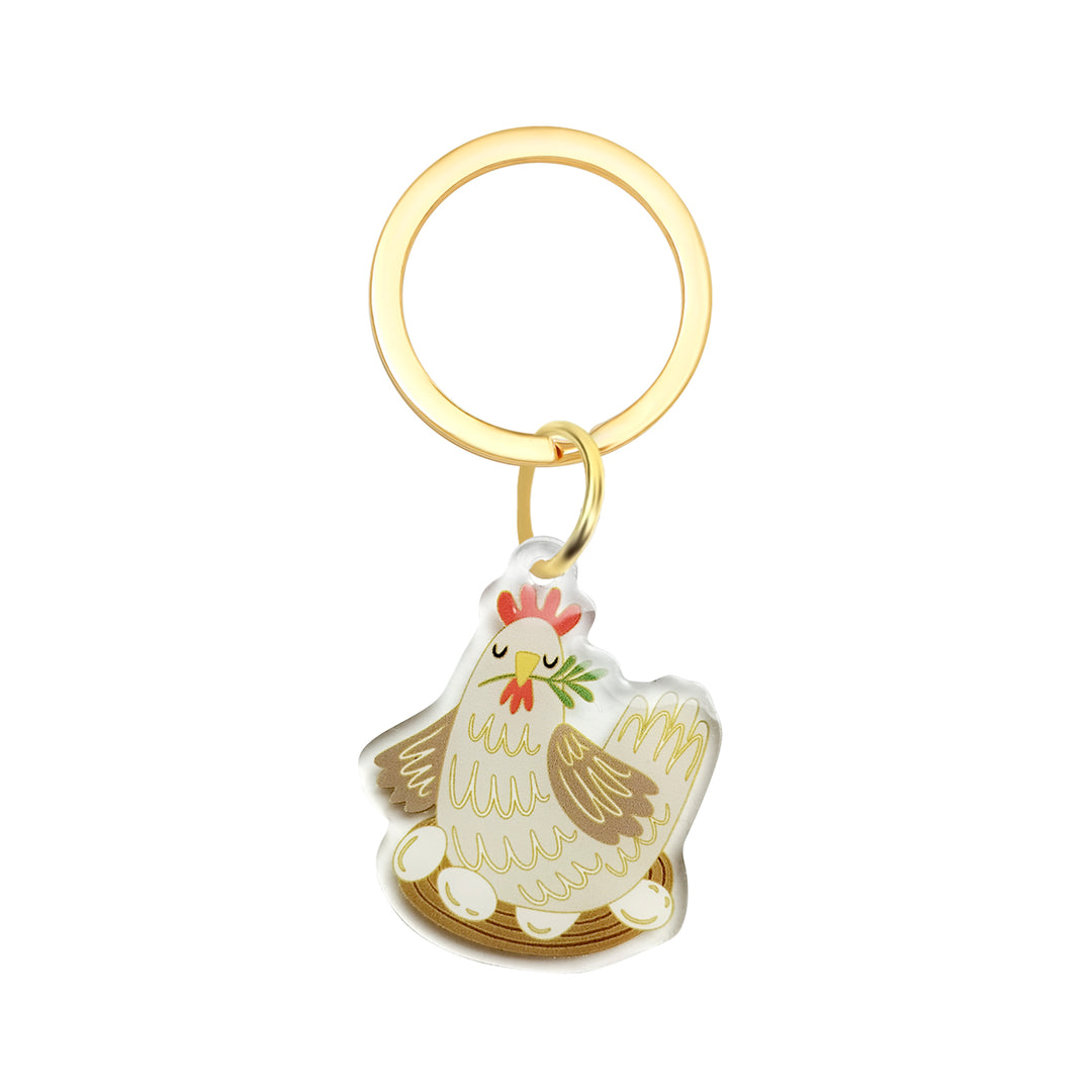 Cute Chicken With Eggs Keychain - Adorable Hen with Nest, Mother Hen Acrylic Keychain