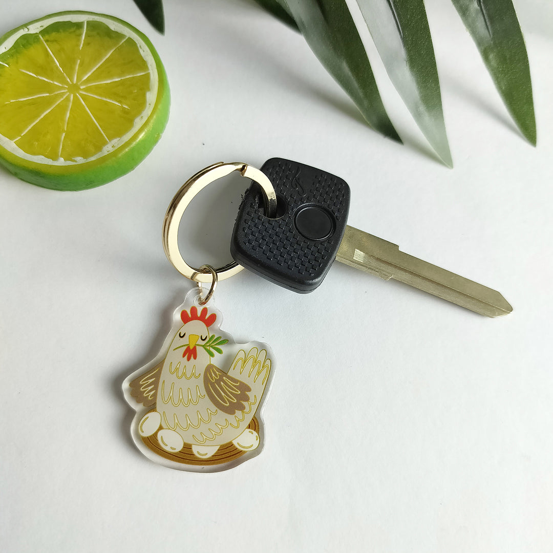 Cute Chicken With Eggs Keychain - Adorable Hen with Nest, Mother Hen Acrylic Keychain