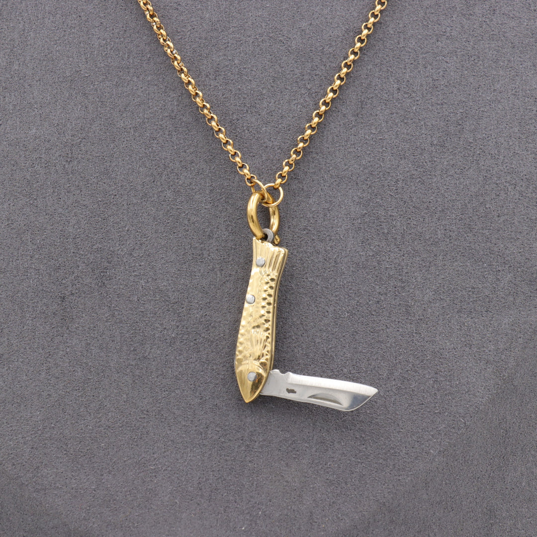Mini Folding Fish Knife Necklace – Gold Tone with Jellyfish Charm