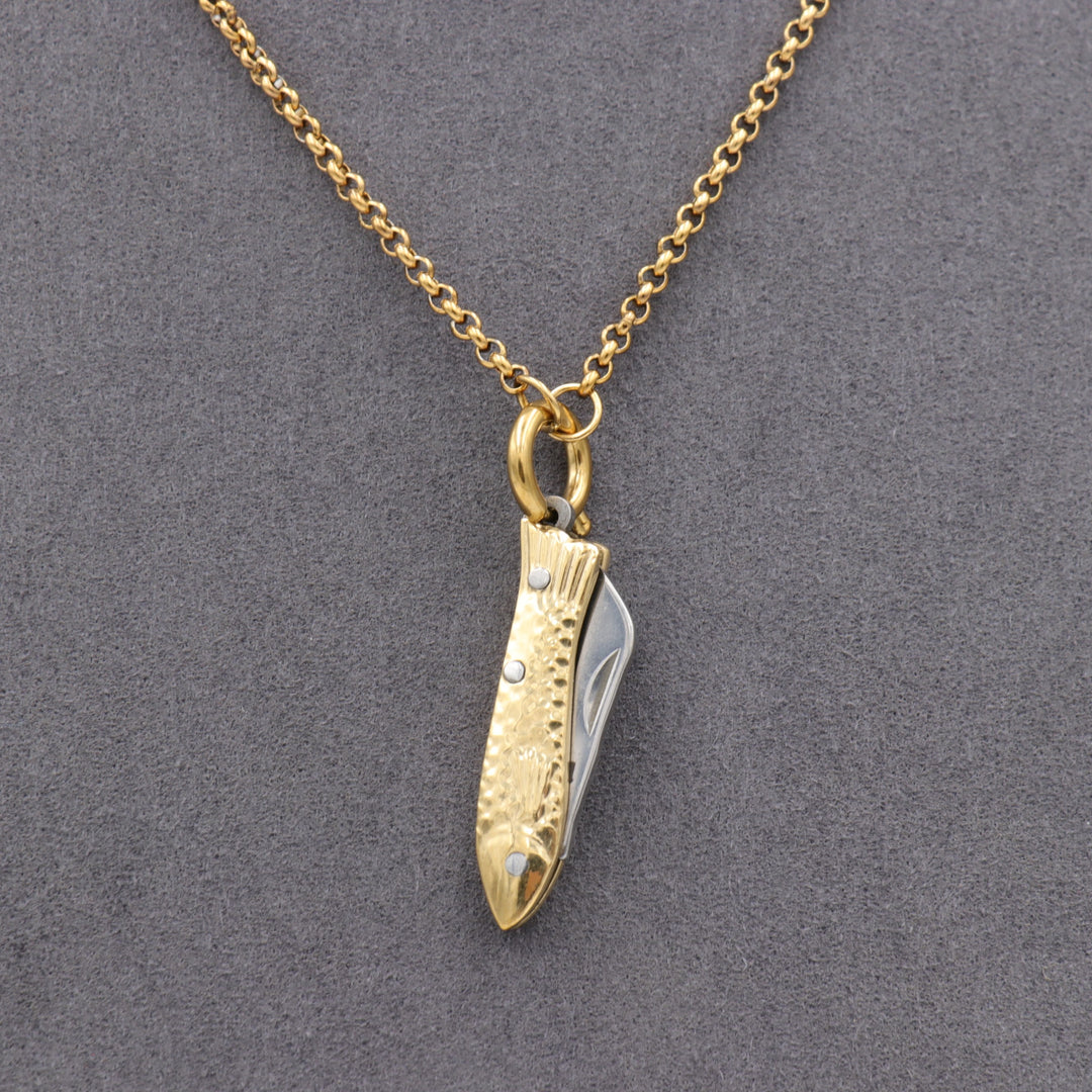 Mini Folding Fish Knife Necklace – Gold Tone with Jellyfish Charm