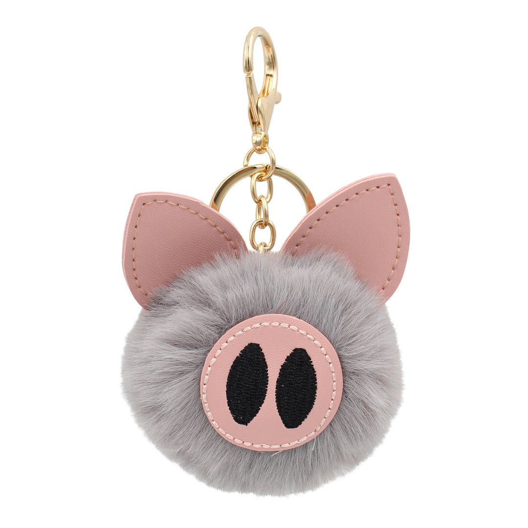 Fuzzy Pig Keychain - Cute Animal Faux Fur Fluffy Fuzzy Pom Pom Keychain