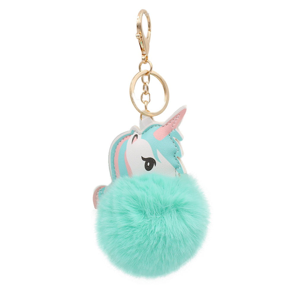 Fuzzy Unicorn Keychain - Cute Animal Faux Fur Fluffy Fuzzy Pom Pom Keychain