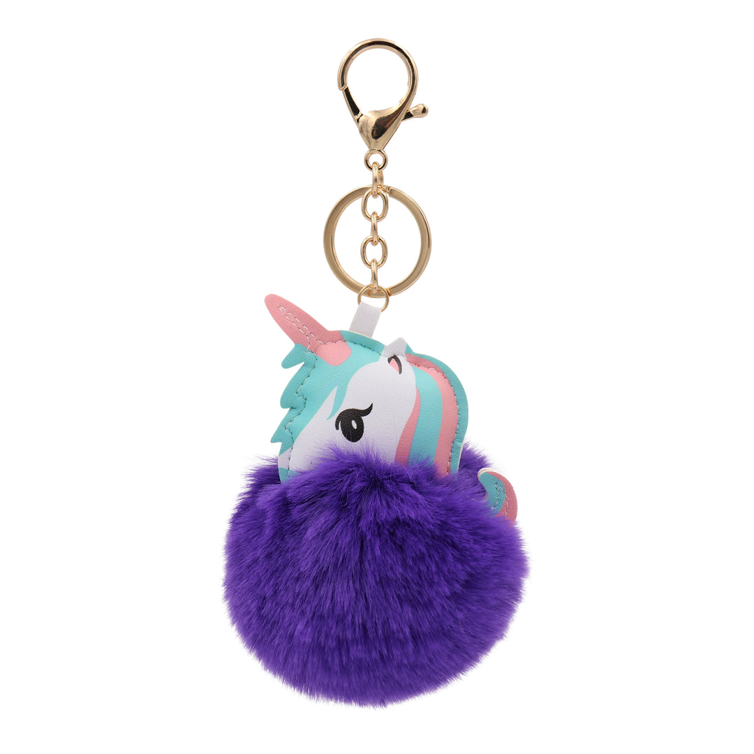 Fuzzy Unicorn Keychain - Cute Animal Faux Fur Fluffy Fuzzy Pom Pom Keychain