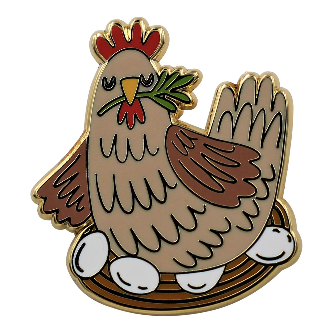 Chicken with Eggs Pin - Adorable Hen with Nest Enamel Pin - Mother Hen Lapel Pin