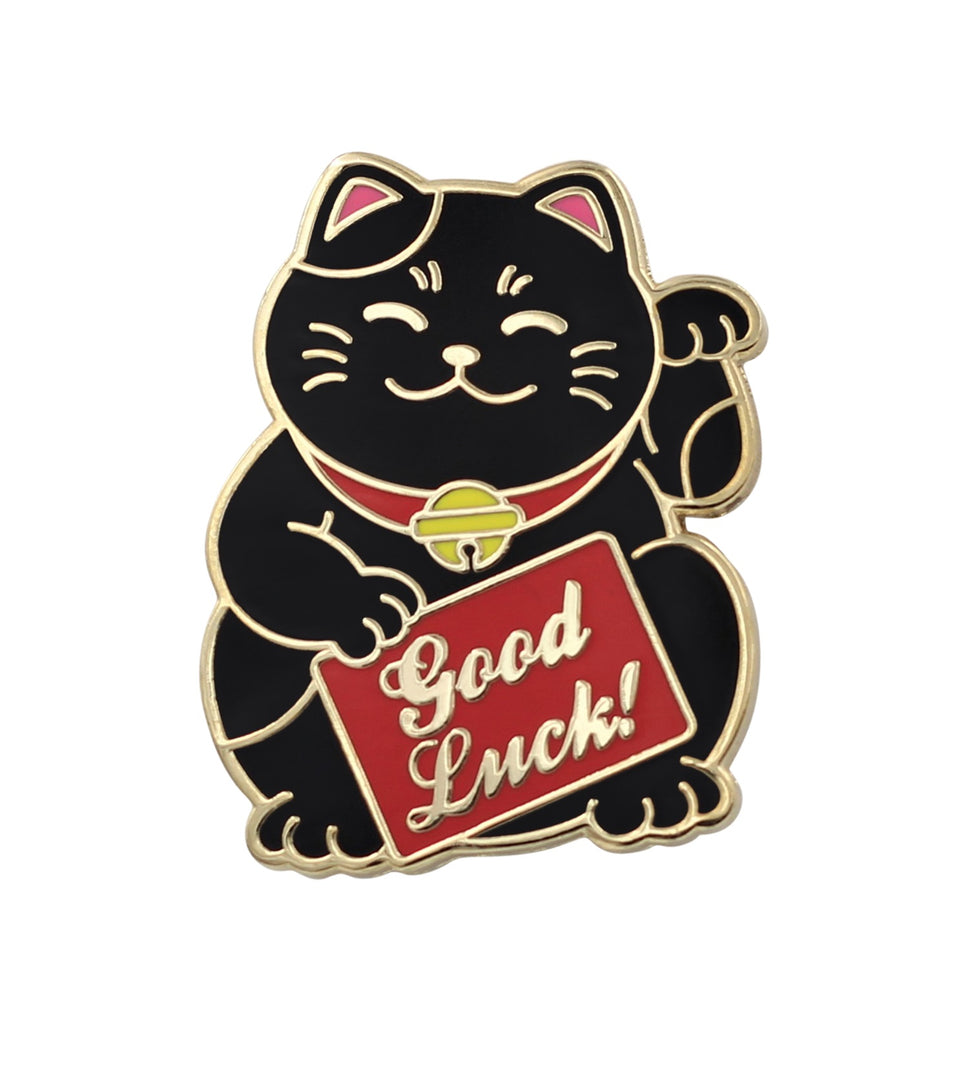Real Sic Kawaii Cute Lucky Cat Pin - Good Luck Waving Cat Enamel Pin Lapel Pins Black